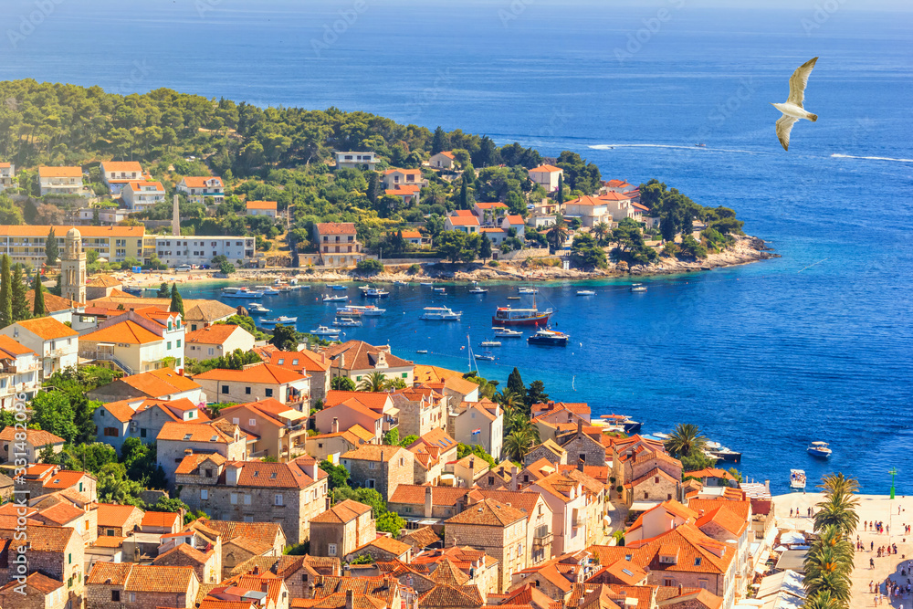 Coastal summer landscape - view of the City Harbour of the town of Hvar, on the island of Hvar, the Adriatic coast of Croatia