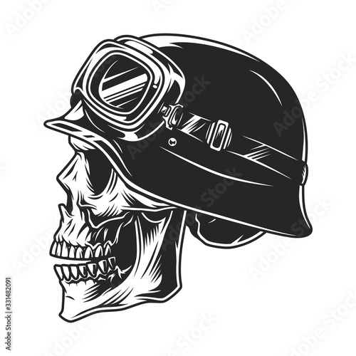 Skull in biker helmet and goggles