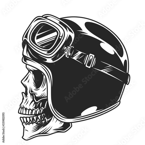 Motorcyclist skull in helmet and goggles
