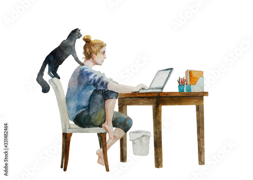 Young woman working from home and distracted by her black cat . Original watercolor illustration of home quarantine process, isolated on white background
