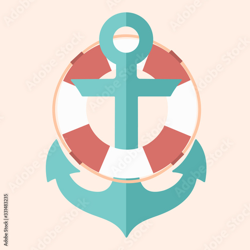 Anchor with a life buoy. Vector flat illustration.