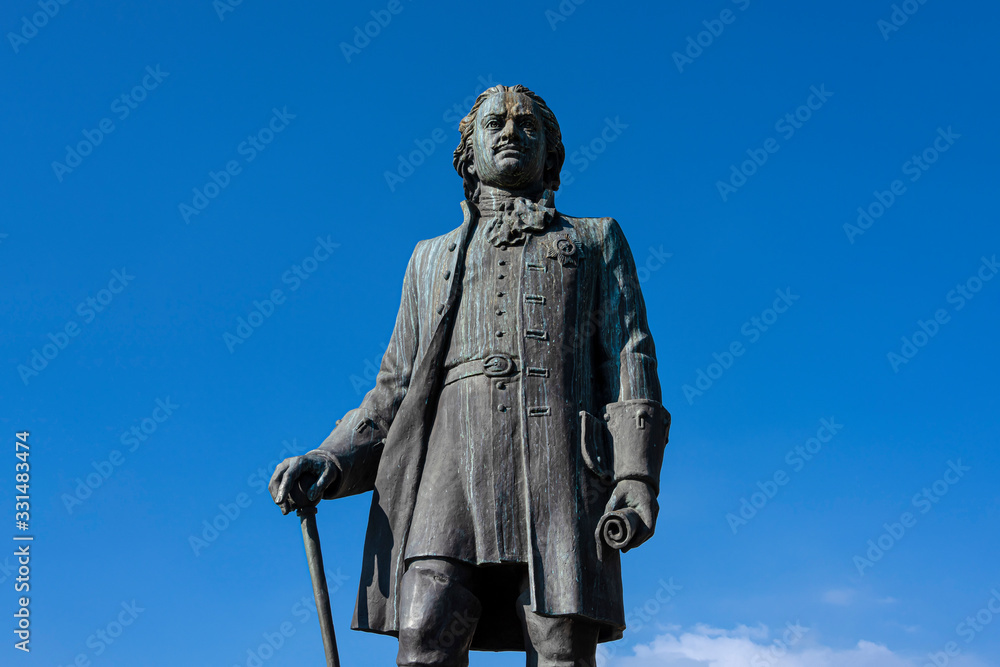 Russia, Black Sea, Sochi: Famous emperor Peter the Great statue monument in a public park in the city center of the Russian town isolated against blue sky background - concept history tsar travel
