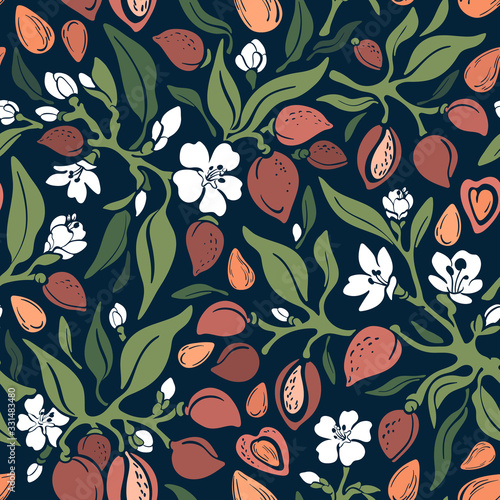 Almond seamless pattern. Vector floral color print