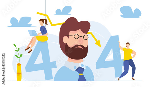 Modern vector illustration of 404 error. Page not found concept. Business concept of economic decline. Arrow to down. Disconnection from the internet. Sad people witout connection