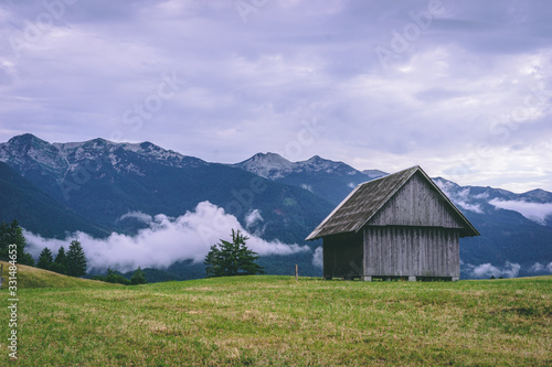View over Slovenian Alps, landscape with hay sheds, paths, trees and clouds