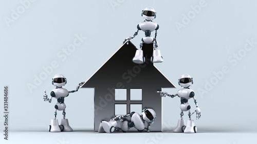 Fun robots next to a house
