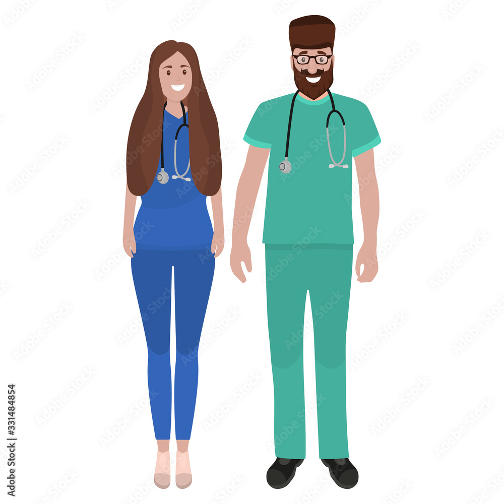 Young male and female doctors with stethoscope in a hospital. Cartoon flat, vector illustration