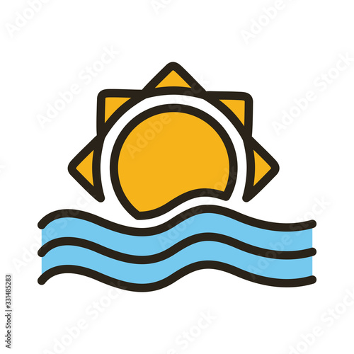 sun with sea waves line and fill style icon