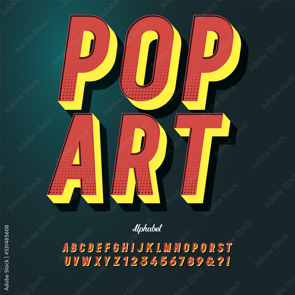 Slanted 'Pop Art' Vintage 3D Sans Serif Font. Colorful Alphabet. Retro Typography. Vector Illustration.