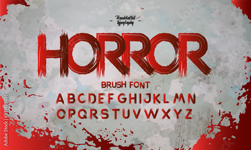 Horror alphabet font. Uppercase handwritten bloody letters and numbers. Stock vector typeface for your design.Horror blood background.