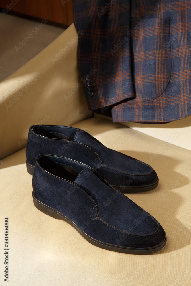 Custom made men's classic topside suede shoes and checkered suit Custom made men's classic topside suede shoes and checkered suit