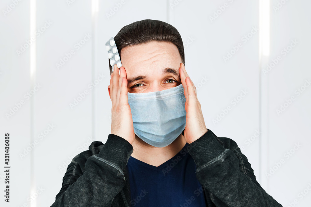 man taking pill medication, wearing protective face mask prevent virus infection, pollution