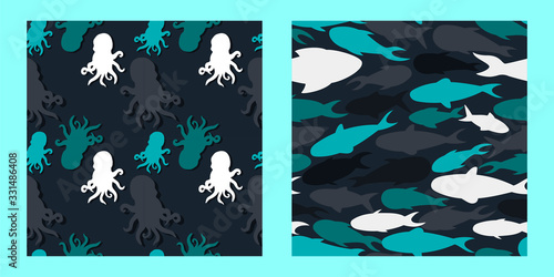 set of two seamless patterns with marine inhabitants. octopus and fish on dark backround. Modern abstract design for paper, cover, fabric, interior decor