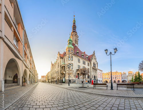 Jawor, Poland. View of Rynek square with historic building of Town Hall on sunrise © bbsferrari
