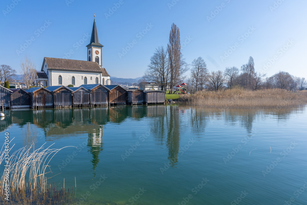 The idyllic ancient village of Busskirch, on the shores of the Upper Zurich Lake, Rapperswil-Jona, Sankt Gallen, Switzerland