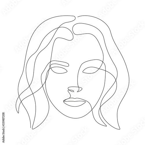 Woman face in one line. Black continuous line forming contour of face. Vector illustration