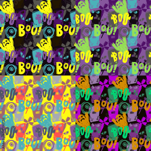 Abstract seamless halloween pattern for girls  boys  clothes. Creative background with dots  geometric figures Funny wallpaper for textile and fabric. Fashion style. Colorful bright
