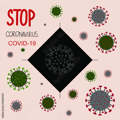 Stop coronavirus outbreak concept poster. Warning banner with abstract virus strain models of Novel coronavirus 2019-nCoV dangerous cells. Vector illustration