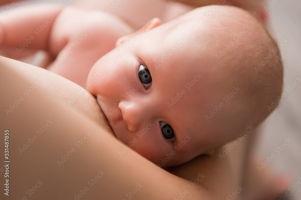 close up of mother breast feeding her newborn baby girl at home close up of mother breast feeding her newborn baby girl at home