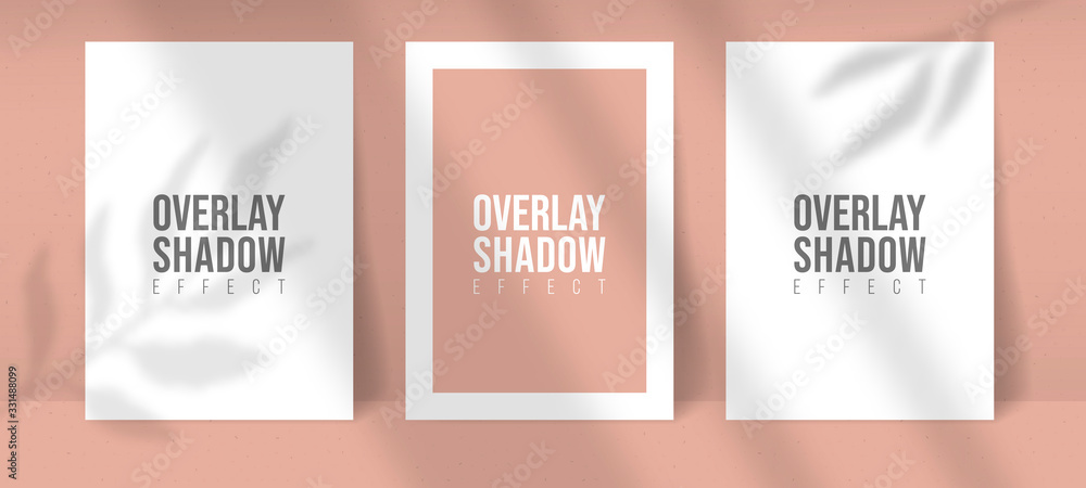 Shadow Overlay Plant Vector Mockup thre A4 Paper sheets. Shadows overlay leaf and window light effects. Modern minimalist style. For presentation Flyer, Poster, blank, logo, invitation.