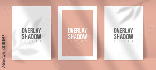 Shadow Overlay Plant Vector Mockup thre A4 Paper sheets. Shadows overlay leaf and window light effects. Modern minimalist style. For presentation Flyer, Poster, blank, logo, invitation.