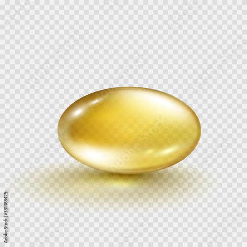 Gold bubble isolated on transparent background. Cosmetic vitamin capsule or oil pill. Vector golden 3d serum collagen sphere..