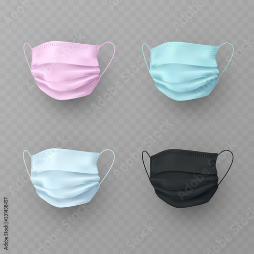 Mask set isolated on transparent background. Vector white doctor, blue medical, surgical, pink and black safety breathing elements. 3d virus, dust or air pollution face protection..