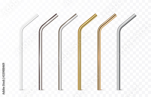 Straws set isolated on transparent background. Stainless, steel, golden and plastic pipes. Vector 3d eco reusable metal tubes..