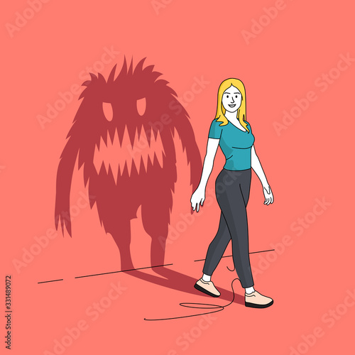 The Monster Inside You. A seemingly happy women casting a long shadow in the shape of a monster. People vector illustration.