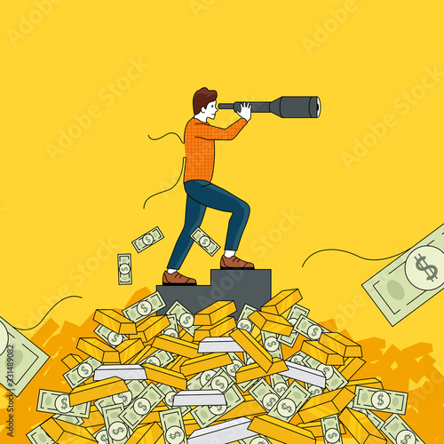 The Pursuit is never ending. A man searching for wealth using a telescope even though he is already rich beyond count. People concept vector illustration.