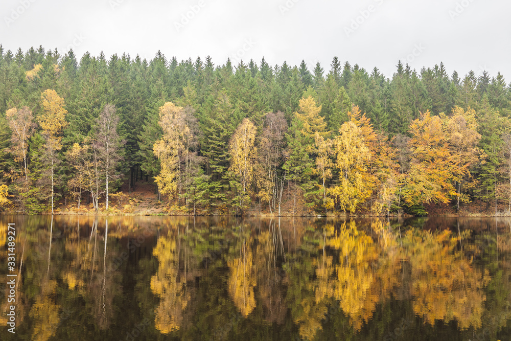 Small forest lake on a sunny autumn morning in Soderasen national park, Sweden.