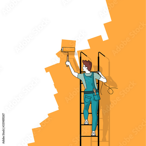 A man on a ladder painting a wall a different colour. People concept vector illustration.