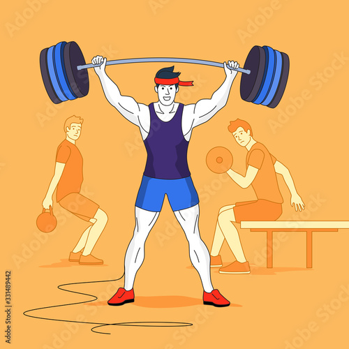A super strong guy working out at the gym with other guys watching. People vector concept illustration.