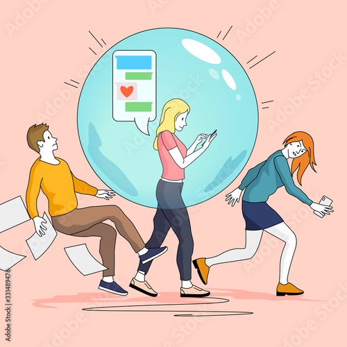 A young womens social bubble pushing and knocking other people out of the way. People concept vector illustration.