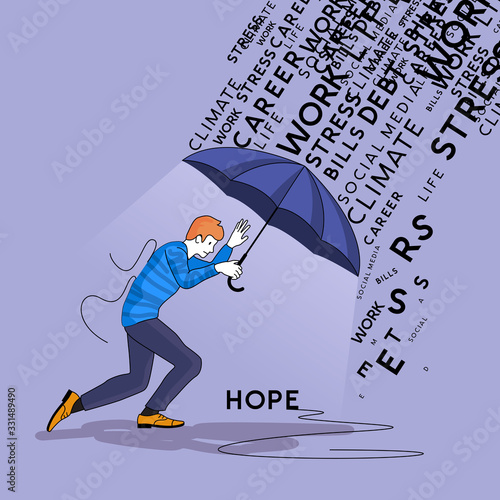 A mans troubles raining down on him while he tries to protect himself using an umbrella. People vector concept illustration.
