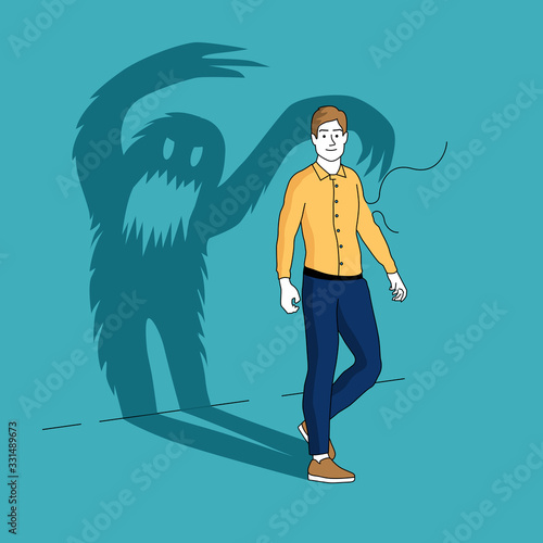 The Inner Demons. A smiling man casts a long shadow in the shape of a monster. People vector illustration