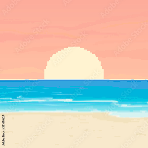 Pixel background for summer vacation.Summer beach game background. Pixel art 8 bit. 