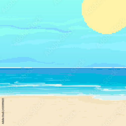 Pixel background for summer vacation.Summer beach game background. Pixel art 8 bit. 