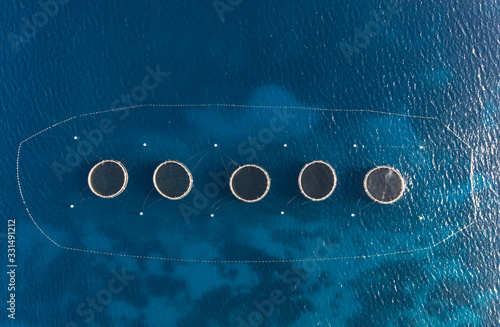 Aerial top view of the rings of tuna farm in the Mediterranean sea. Europe