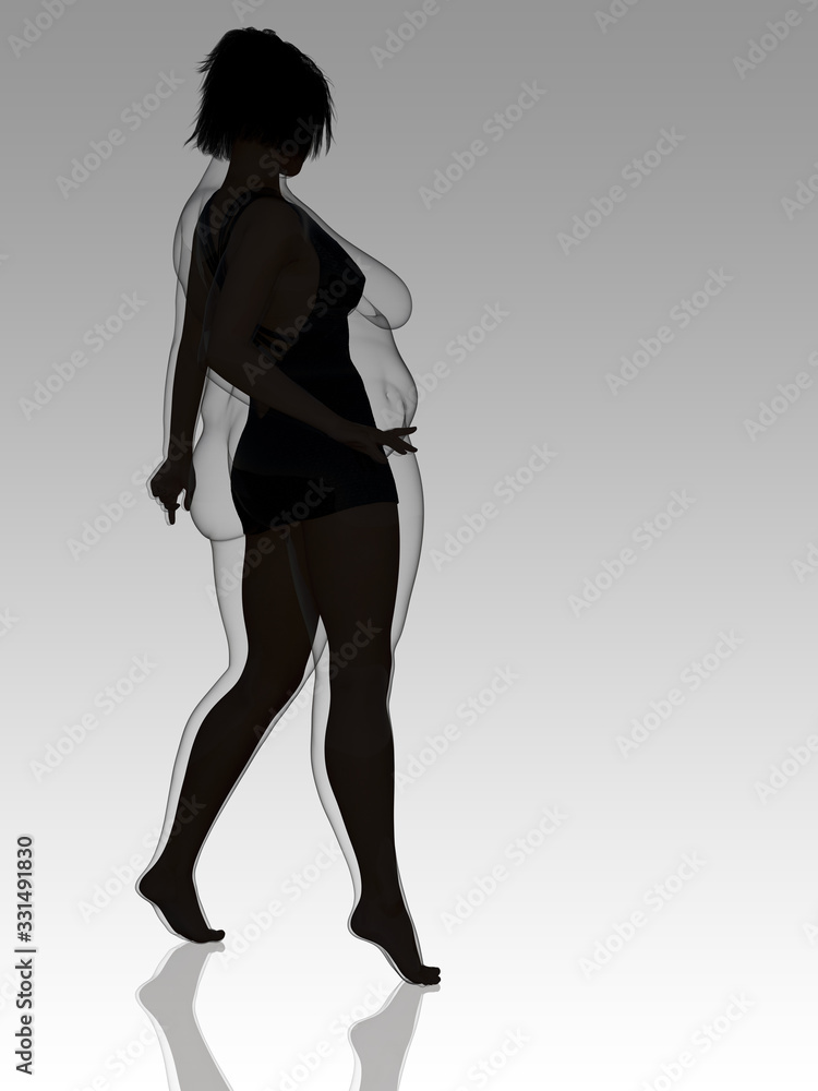 Conceptual fat overweight obese female vs slim fit healthy body after weight loss or diet with muscles thin young woman on gray. A fitness, nutrition or fatness obesity, health shape 3D illustration Conceptual fat overweight obese female vs slim fit healthy body after weight loss or diet with muscles thin young woman on gray. A fitness, nutrition or fatness obesity, health shape 3D illustration