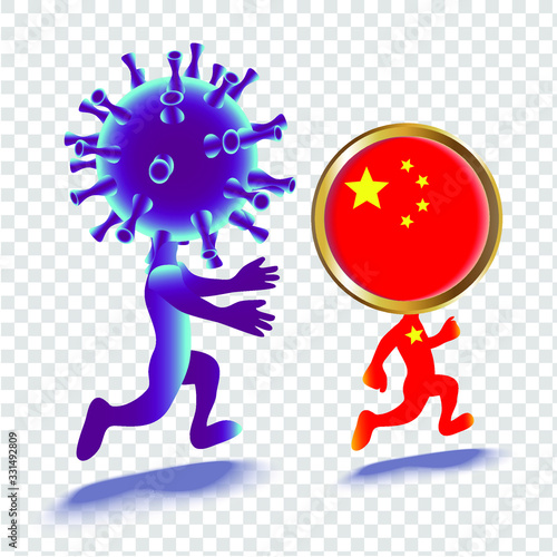 Cartoon illustration of people in the image of the coronovirus bacteria and the China . Isolated image of cartoon characters. Epidemic concept.