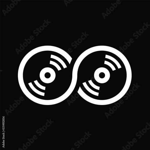 Music logo template. Musical note and vinyl record vector design. Turntable illustration