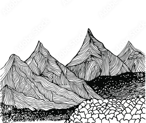 Figure mountains with clouds. Sketch of a mountain landscape, pen drawing.