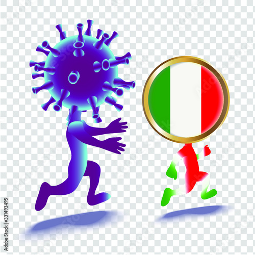  Cartoon illustration of people in the image of the bacteria Coronovirus and Italy. Isolated image of cartoon characters. Epidemic concept.