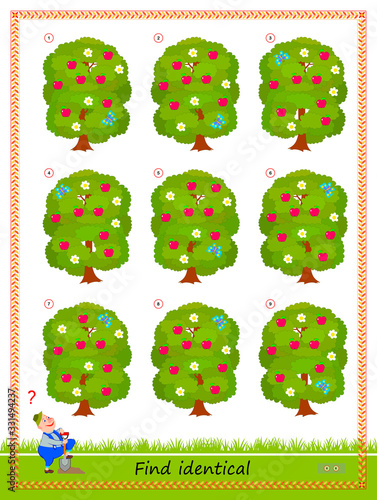 Logic puzzle game for children and adults. Need to find two identical trees. Printable page for kids brain teaser book. Developing spatial thinking skills. IQ test. Flat vector cartoon image.