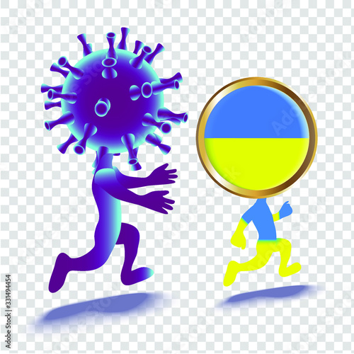 Cartoon illustration of people in the image of the bacteria coronovirus and Ukraine. Isolated image of cartoon characters. Epidemic concept.