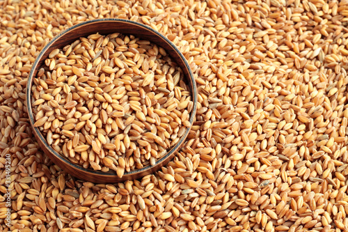 Natural,ripe wheat grains in the bamboo bowl on grains background.