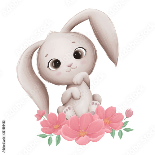 Little Cute Bunny with Spring Flowers on a White Background