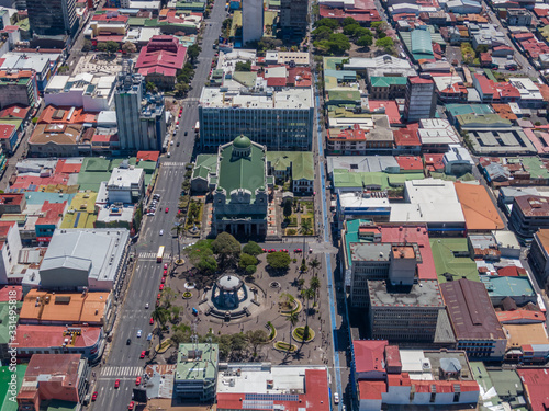 Beautiful aerial view of the main Church in San Jose Costa Rica, La Merced and the Cathedral