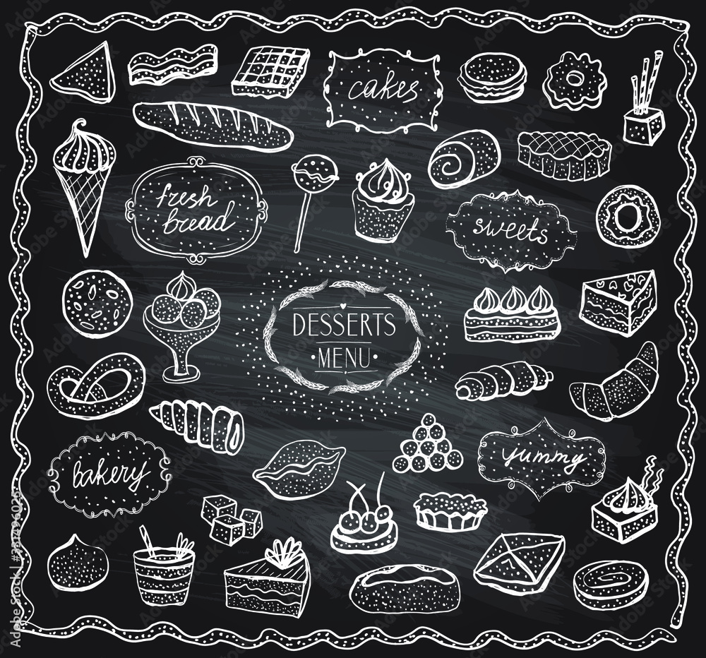 Chalk desserts and baked goods graphic set, doodle style hand drawn illustration on a   chalkboard